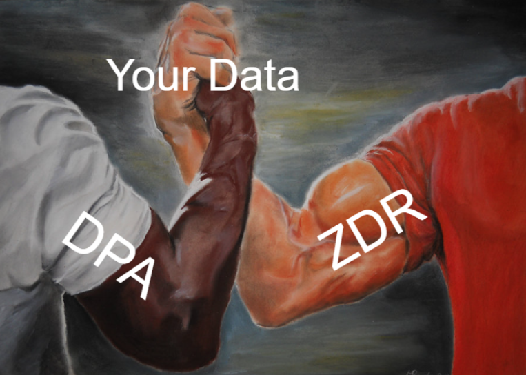 The Epic Handshake meme: two muscular arms clasping hands, the grip labelled 'Your Data', the left arm 'DPA' and the right arm 'ZDR'.
